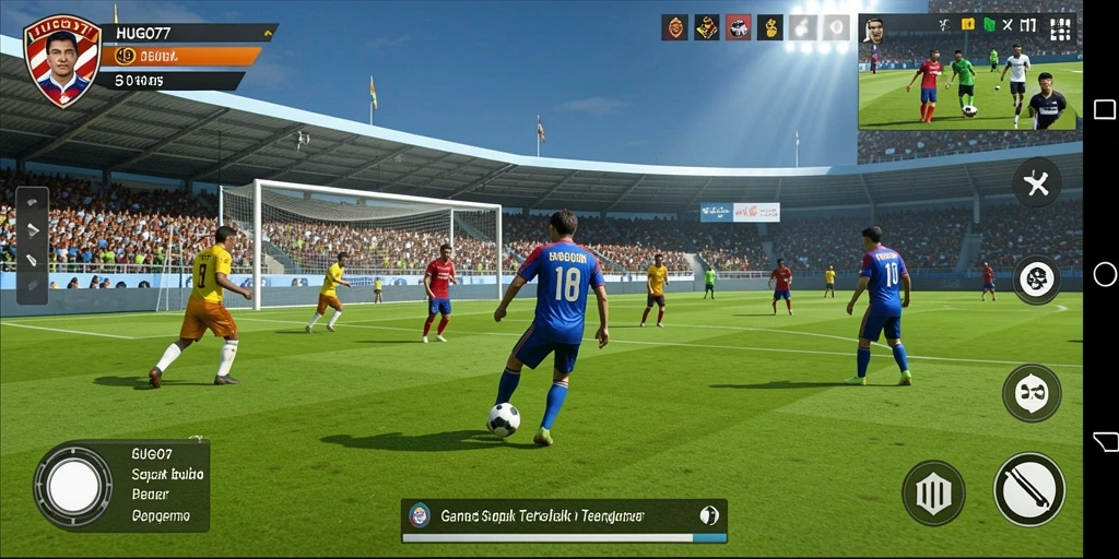 Screenshot gameplay HUGO77 menampilkan aksi sepak bola yang mendebarkan.